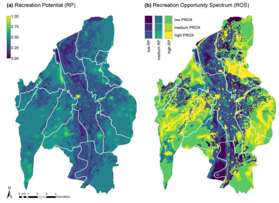 Maps of Recreation Potential (RP) and Recreation Opportunity Spectrum (ROS) in the city of Trento.