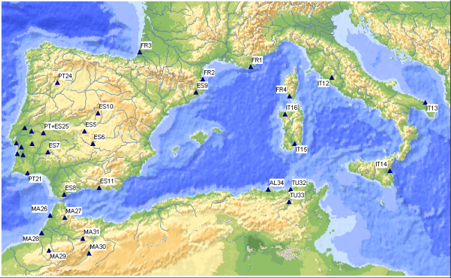 34 experimental sites around the mediterranean 