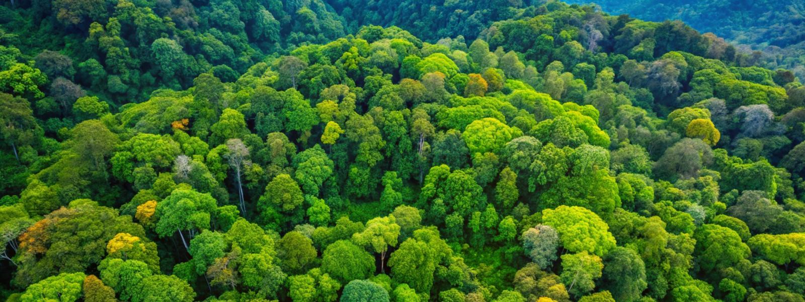 Oblique aerial view over diverse forest canopy.