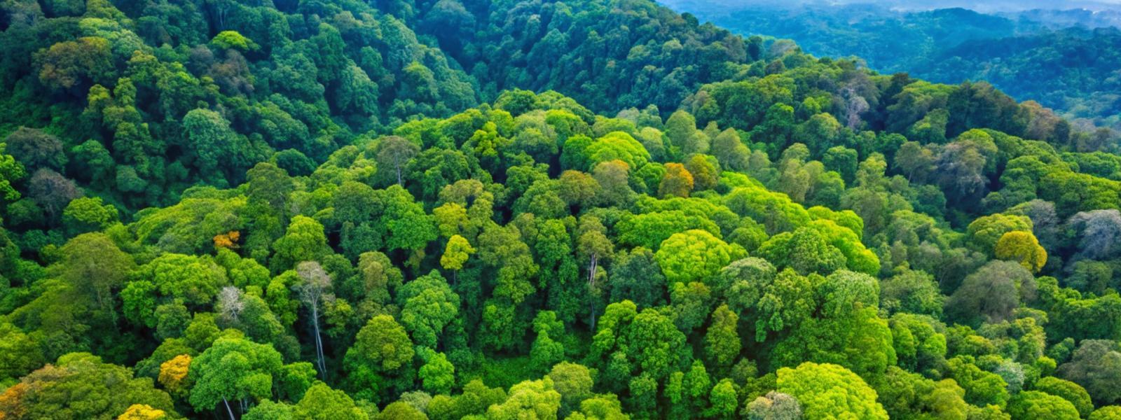 Aerial view over diverse rainforest canopy