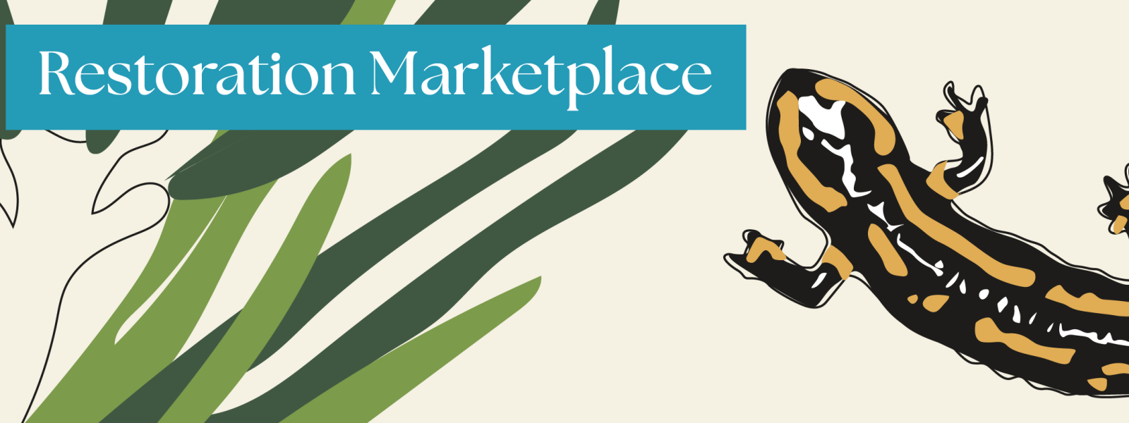 restoration marketplace banner - gecko and green plant on cream background