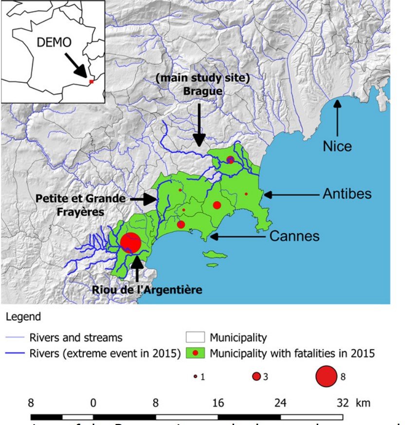 Locations of the Brague river and other catchments and municipalities heavily touched by the Oct. 2015 flood disaster © NAIAD D6.1