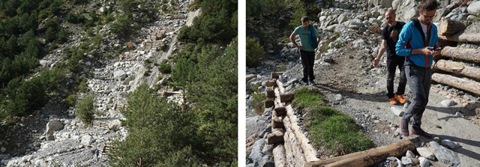 Left: The terraces constructed as part of PHUSICOS. These are constructed both of timber and of large local stones. Right: Close-up of one of the terraces, with grass taken directly from one of the local pastures. All terraces will be planted with grass and other local bushes and trees.