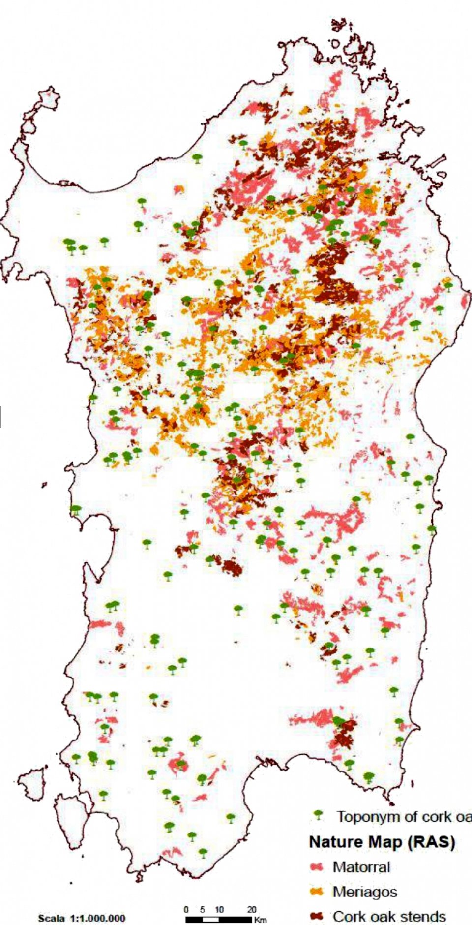 Distribution of cork oak in Sardinia compared with distribution of main phytotoponims related to Q. suber.