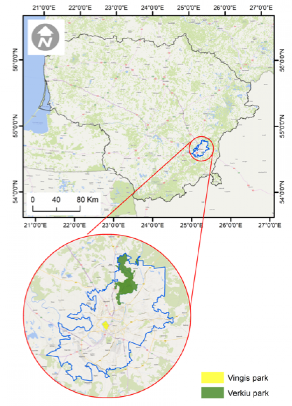 Location of the two UrbanGaia case studies in Vilnius