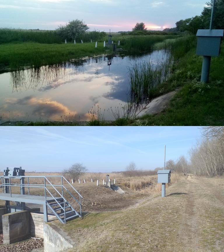 Two images comparing a water channel with and without water over time