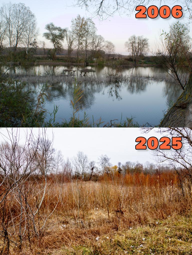 Two image comparison between 2006 and 2025 showing dried out lake compared to a full one