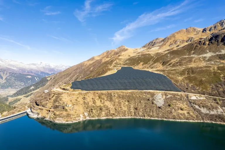 Mountain landscape with solar battery farm on it