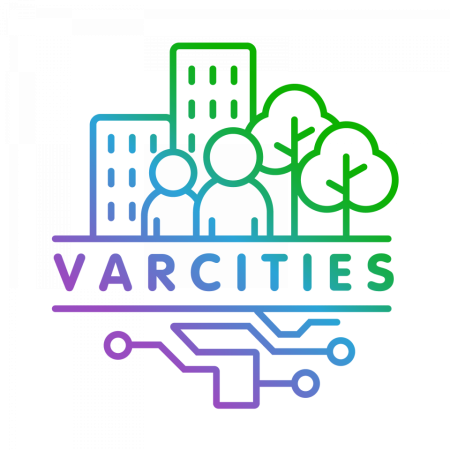 VARCITIES text on a colourful logo of people in city with trees