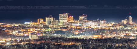 City skyline lit up at night