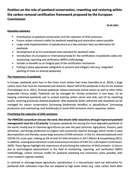 Position on the role of peatland conservation, rewetting and restoring within the carbon removal certification framework proposed by the European Commission