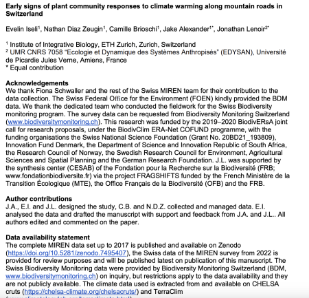 Early signs of plant community responses to climate warming along mountain roads in Switzerland