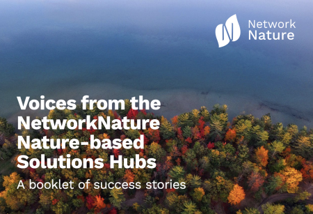 voices from the network nature based solutions hubs - cover of booklet with orange and red tones trees and a blue sky