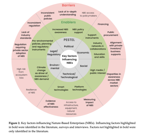 Figure 2. Key factors influencing Nature-Based Enterprises (NBEs). Influencing factors highlighted in bold were identified in the literature, surveys and interviews. Factors not highlighted in bold were only identified in the literature.