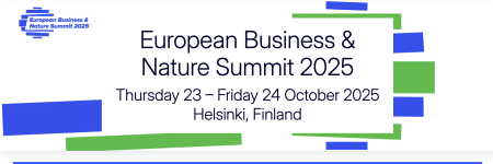 european business and nature summit - blue and green oblongs behind white background with event details