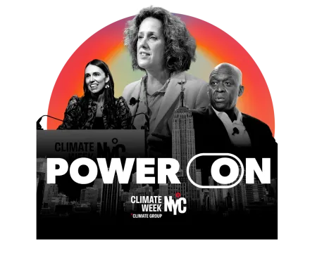 three people with orange banner behind them "power on" text overlapping