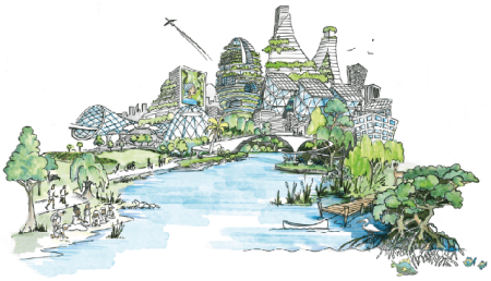 City with lush greenery in watercolour
