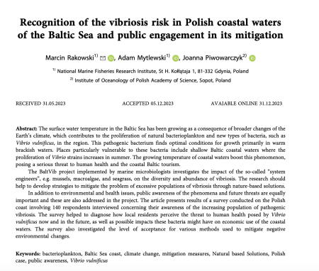 Recognition of the vibriosis risk in Polish coastal waters of the Baltic Sea and public engagement in its mitigation 