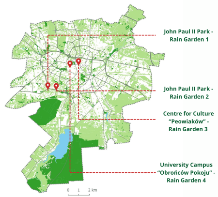 A plan of Lublin showing rain gardens in the locality.