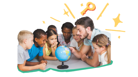 children learning from a teacher with a globe in the middle of a circle of kids 
