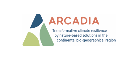 arcadia logo - triangle made of three semi circles from the three corners of the triangle, all different shades of green