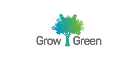 grow green logo - blue and green gradient tree with skyscrapers and infrastructure as the leaves