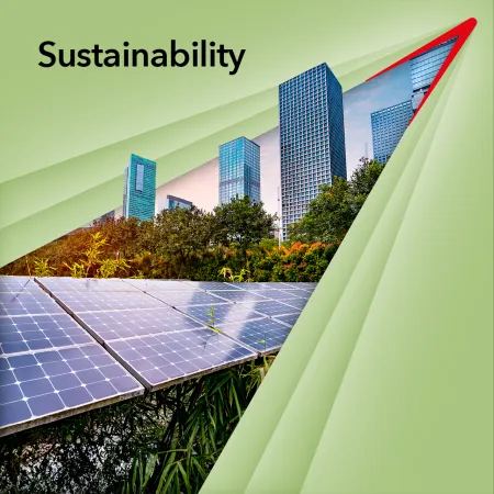 Sustainability Summit graphic showing buildings surrounded by natural green space and solar panels