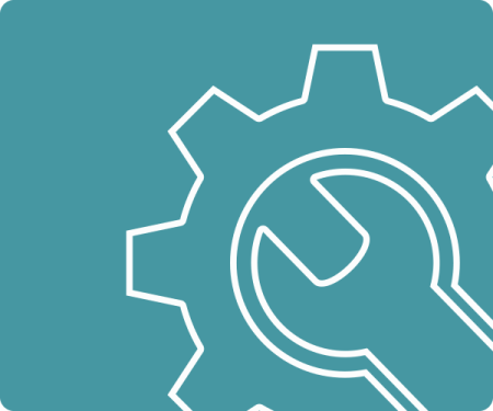 spanner inside cog in white outline on blue background - oppla FAQ