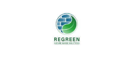 REGREEN logo circle with green leaf curling round blue bricks