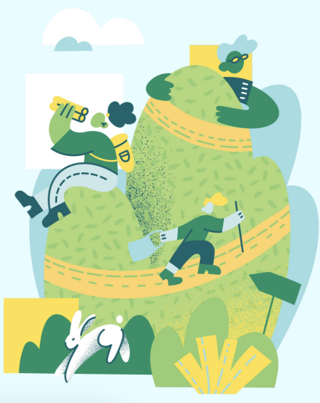 illustration of big green hill with oversized people utilising it for different things and taking care of it. abstract drawing style with blue and yellow people