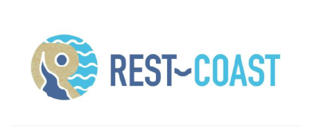 rest-coast logo - circle with blue waves and beige landmark