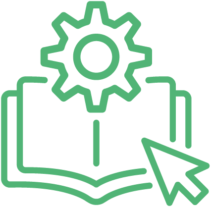 book and settings cog thick green outline