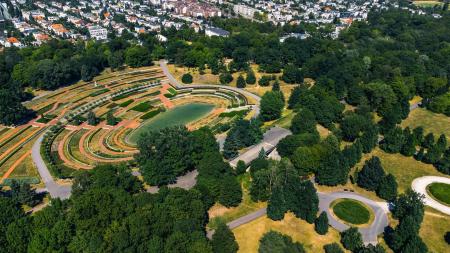 Small lake and rosarium in Cytadela park from above, Poznan, Poland.