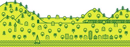 graphic animated green hills with shrubs and trees in darker medium thickness outline