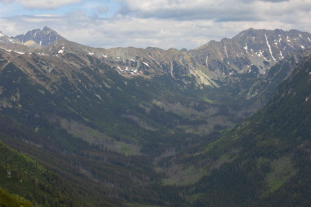 A view of the high Tatras mountains with steep sided mountains and deep valleys.