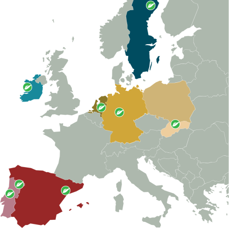 A grey map of Europe with the wildE case study countries in colour and the case study locations identified by green wildE leaf icons.
