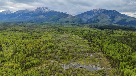 The Tatras mountains viewed from a flat glacial plain.