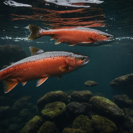 Two European salmon, with red sides, swimming in water.