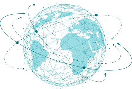 Illustration of cities and continents being connected by a global network