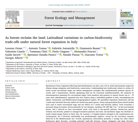 As forests reclaim the land: Latitudinal variations in carbon-biodiversity trade-offs under natural forest expansion in Italy cover image report