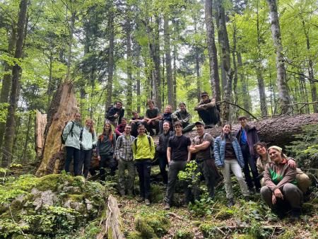 A group of people standing in a forest near a fallen tree trunk.