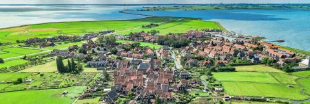 Aerial drone view of a village on Marken Island, North Holland