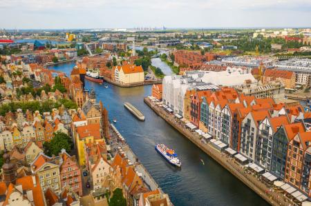 Aerial photo of Gdansk, Poland and boats on the Motlawa river 