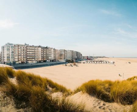 Sand dunes overlooking the beachfront in Ostend, Belgium