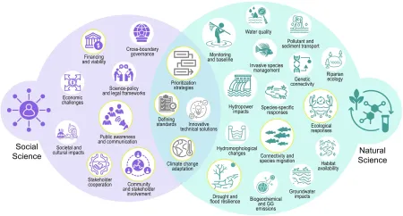 The topics were derived from 425 unique submissions provided by 237 respondents in the initial step of our scoping study. Circle size indicates the relative frequency with which elements contributing to each topic were mentioned, with larger circles reflecting above-average representation. Topics are organized along a conceptual gradient from social science-oriented themes (lavender) to natural science-oriented themes (turquoise), with integrative or cross-cutting topics shown in grey. Topics that ranked in
