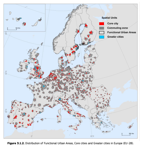 Figure 3.1.2. Distribution of Functional Urban Areas, Core cities and Greater cities in Europe (EU-28).
