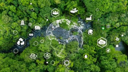 green trees birds eye view with white tech overlays