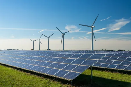 Five wind turbines behind solar panels on a green field on a sunny day