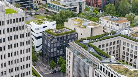 Aerial view of a city with green roofs