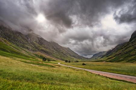 Dramatic scenes over the valley of Glencoe in the Scottish Highlands